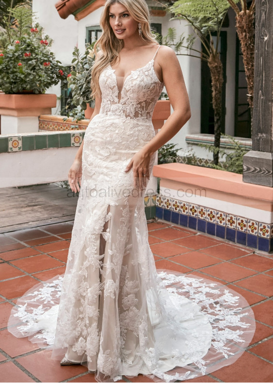 Spaghetti Straps Ivory Floral Lace Tulle Slit Charming Wedding Dress Spaghetti Straps Ivory Floral Lace Tulle Slit Charming Wedding Dress